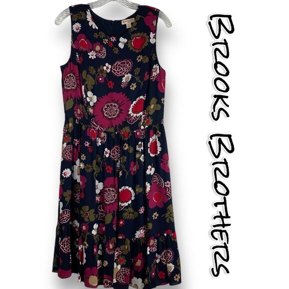 Brooks Brothers Retro Floral Ruffle Fit and Flare Dress Navy Womens Size 6 - Picture 1 of 12